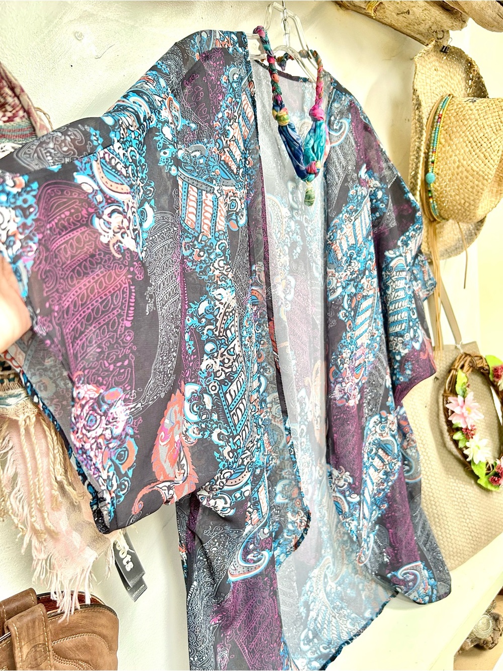 Boho Paisley Open-Front Kimono cover up Gypsy southwestern vibe - Picture 7 of 9